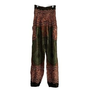 Bohopants Women's Bohemian Smocked Pants Harem Hippy Brown Green - M‎